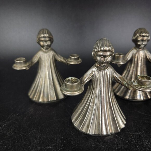 Italian Figural Child Mini Candle Holders Set of 4 Twin Arm Silver Tone Metal 3" - Picture 3 of 16